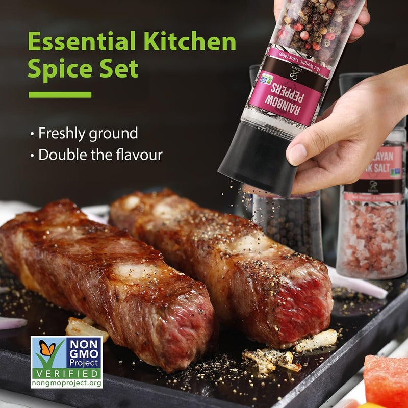 Soeos Spice Set: Black Peppercorns, Sea Salt, Rainbow Peppercorns & Pink Salt - Image 3